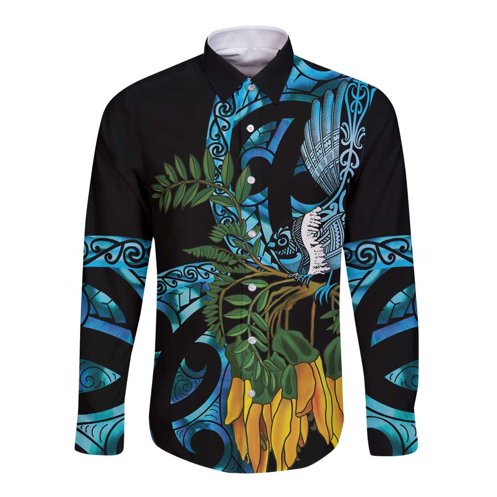 Turquoise New Zealand Kowhai And Piwakawaka Long Sleeve Button Shirt Maori Ngaru Paua Shell