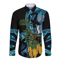 Turquoise New Zealand Kowhai And Piwakawaka Long Sleeve Button Shirt Maori Ngaru Paua Shell