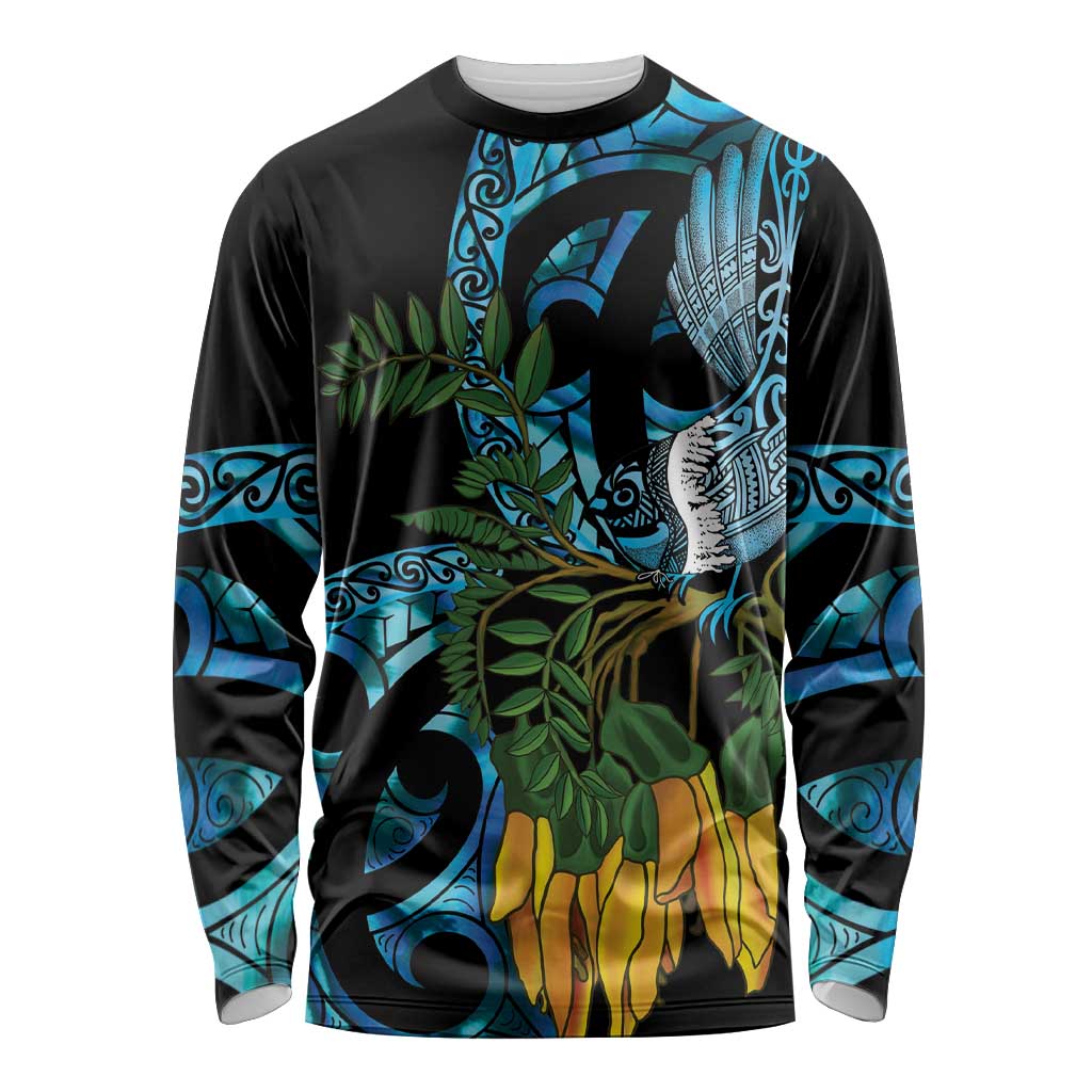 Turquoise New Zealand Kowhai And Piwakawaka Long Sleeve Shirt Maori Ngaru Paua Shell