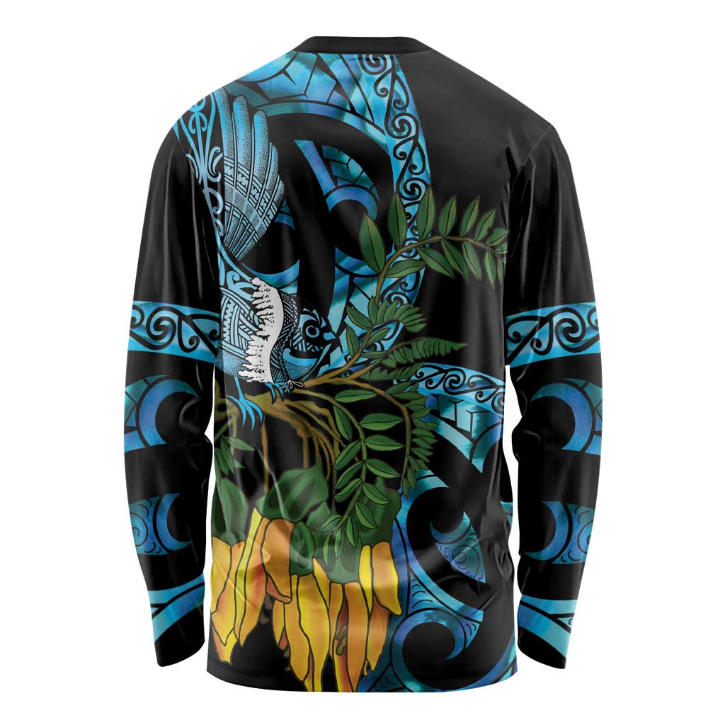 Turquoise New Zealand Kowhai And Piwakawaka Long Sleeve Shirt Maori Ngaru Paua Shell