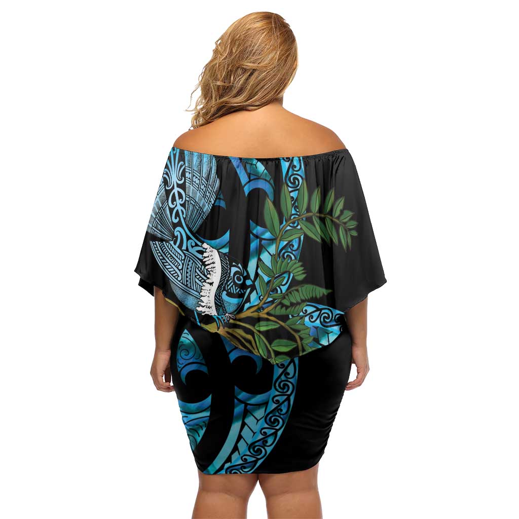 Turquoise New Zealand Kowhai And Piwakawaka Off Shoulder Short Dress Maori Ngaru Paua Shell