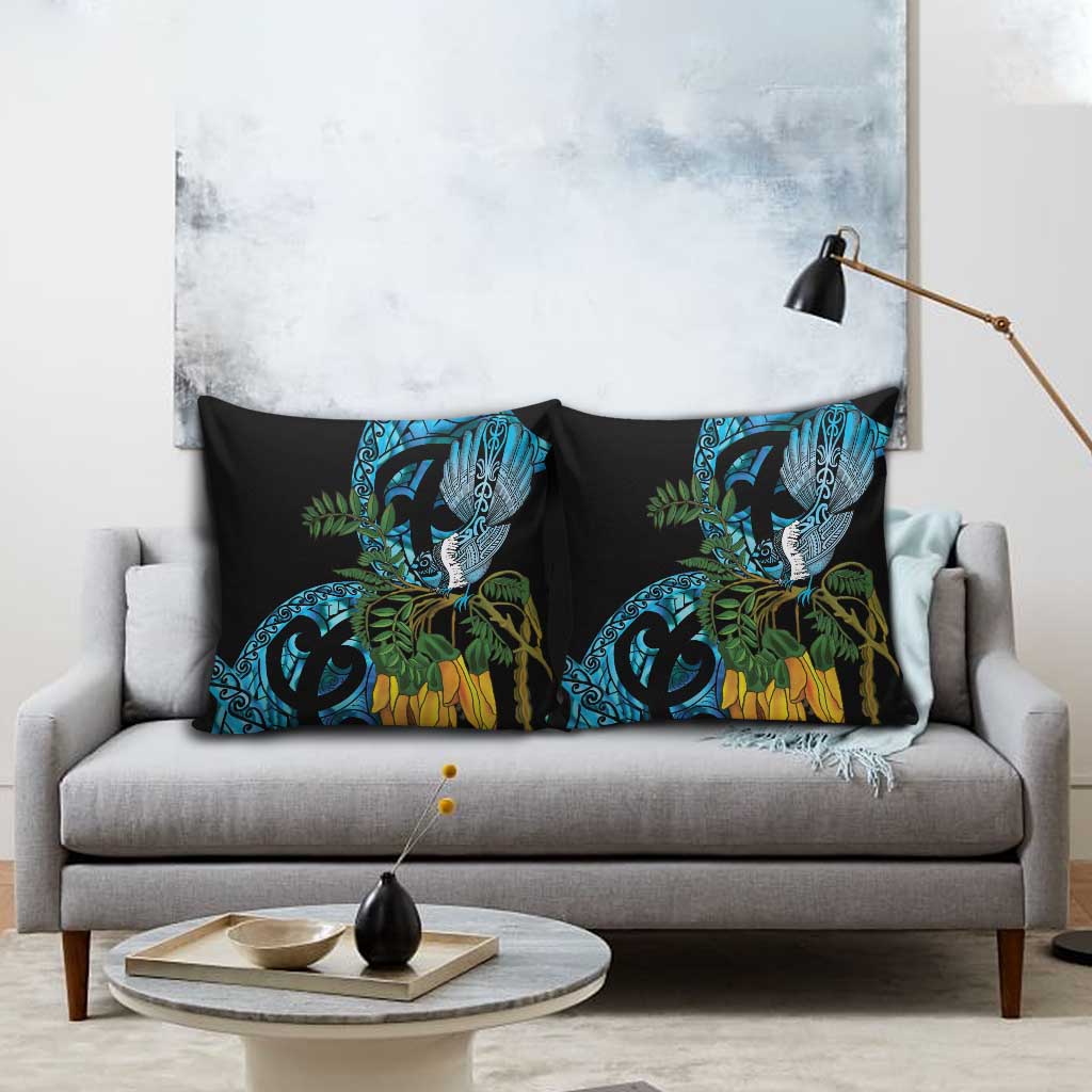 Turquoise New Zealand Kowhai And Piwakawaka Pillow Cover Maori Ngaru Paua Shell - Polynesian Pride