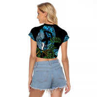 Turquoise New Zealand Kowhai And Piwakawaka Raglan Cropped T Shirt Maori Ngaru Paua Shell
