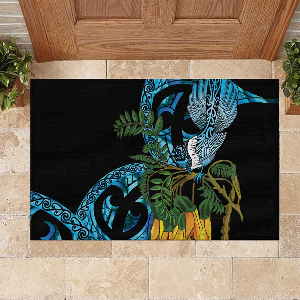 Turquoise New Zealand Kowhai And Piwakawaka Rubber Doormat Maori Ngaru Paua Shell
