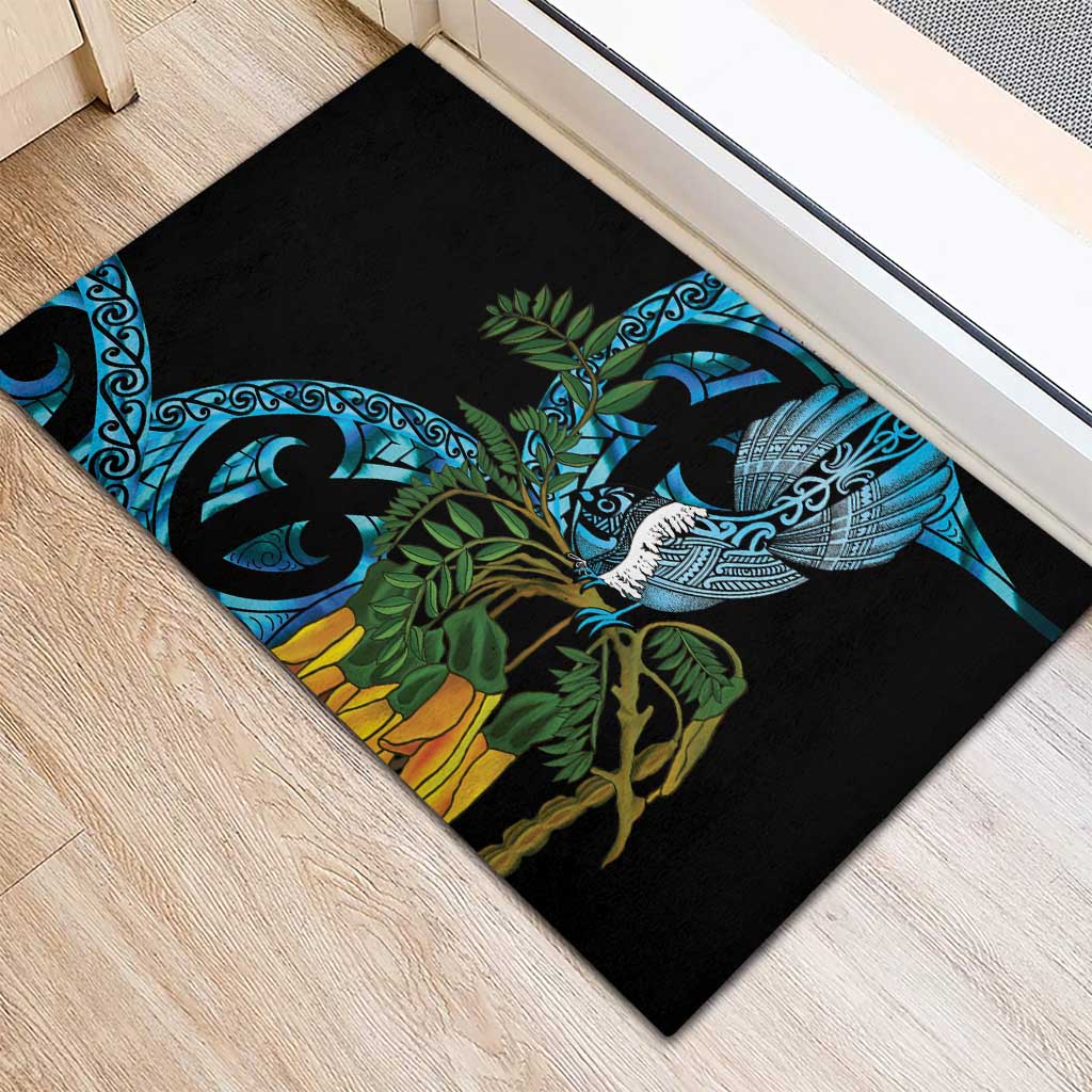 Turquoise New Zealand Kowhai And Piwakawaka Rubber Doormat Maori Ngaru Paua Shell