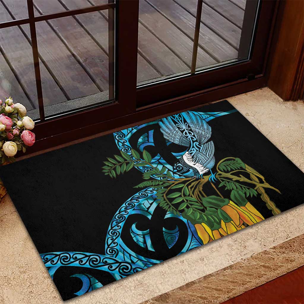Turquoise New Zealand Kowhai And Piwakawaka Rubber Doormat Maori Ngaru Paua Shell