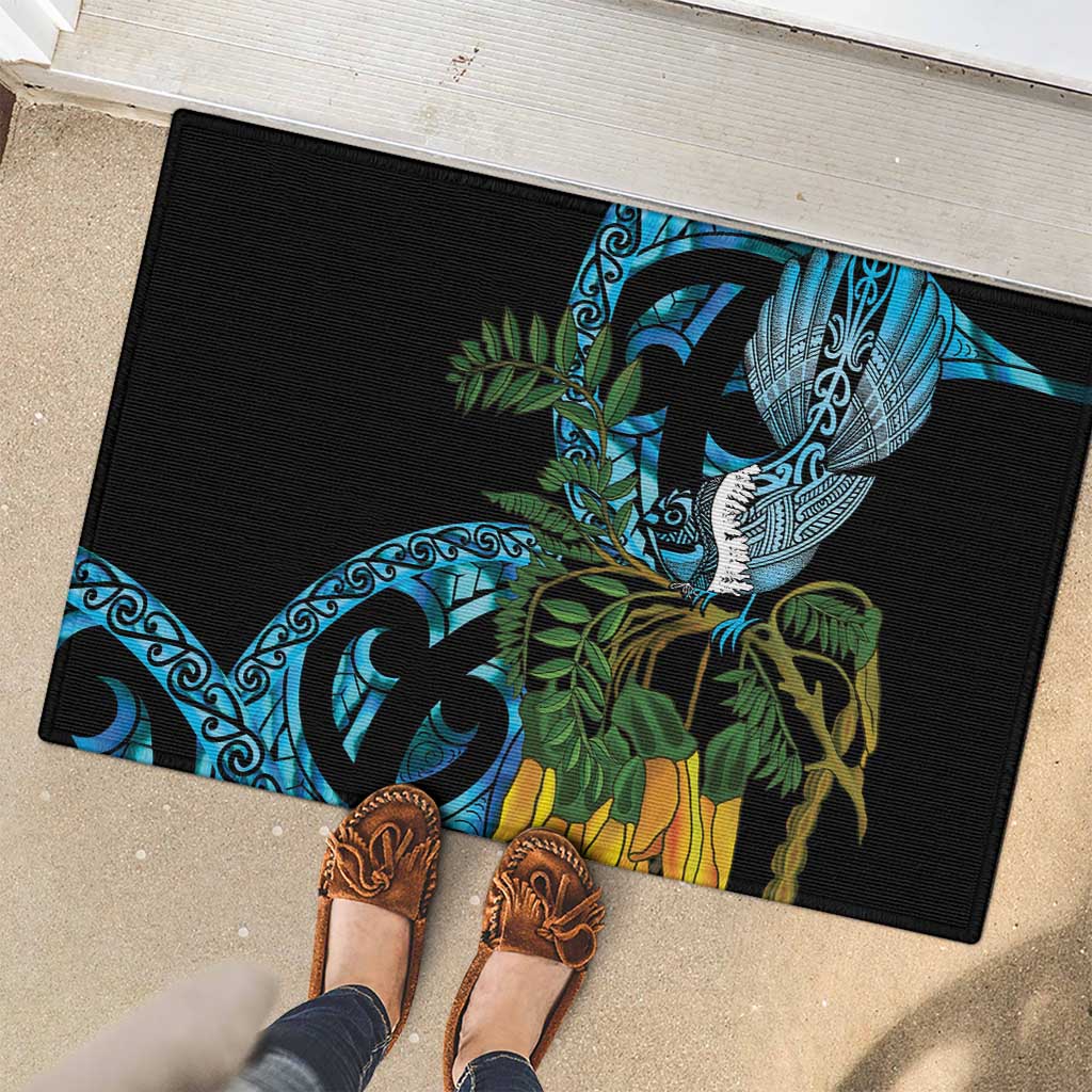 Turquoise New Zealand Kowhai And Piwakawaka Rubber Doormat Maori Ngaru Paua Shell