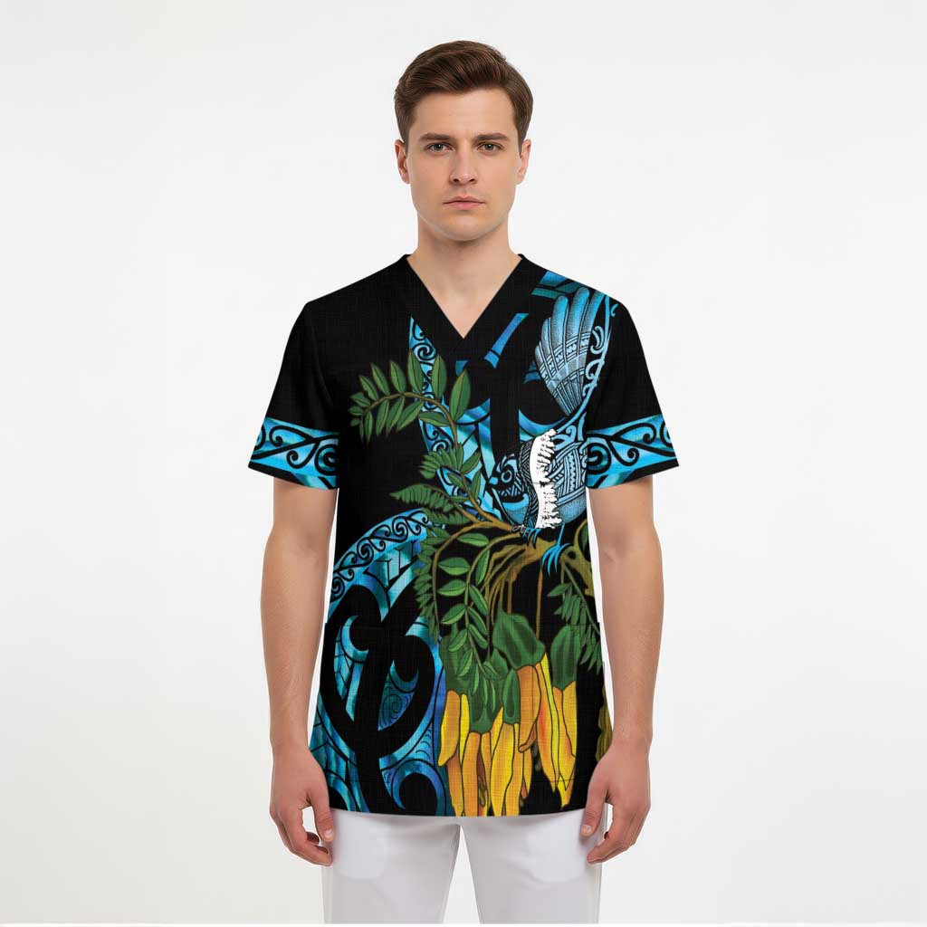 Turquoise New Zealand Kowhai And Piwakawaka Scrub Top Maori Ngaru Paua Shell - Polynesian Pride