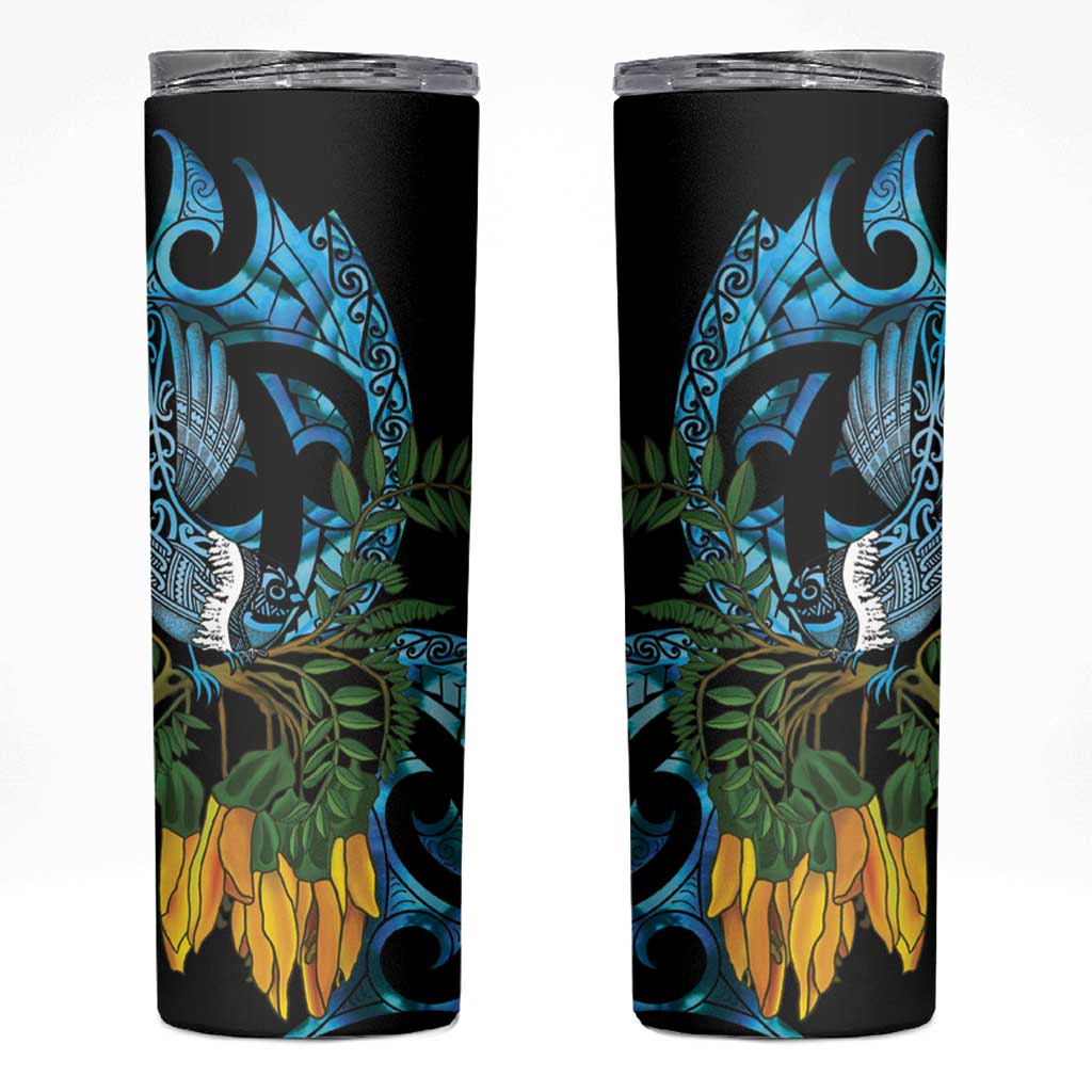 Turquoise New Zealand Kowhai And Piwakawaka Skinny Tumbler Maori Ngaru Paua Shell LT14 Turquoise - Polynesian Pride