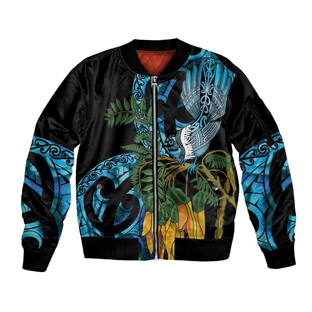 Turquoise New Zealand Kowhai And Piwakawaka Sleeve Zip Bomber Jacket Maori Ngaru Paua Shell