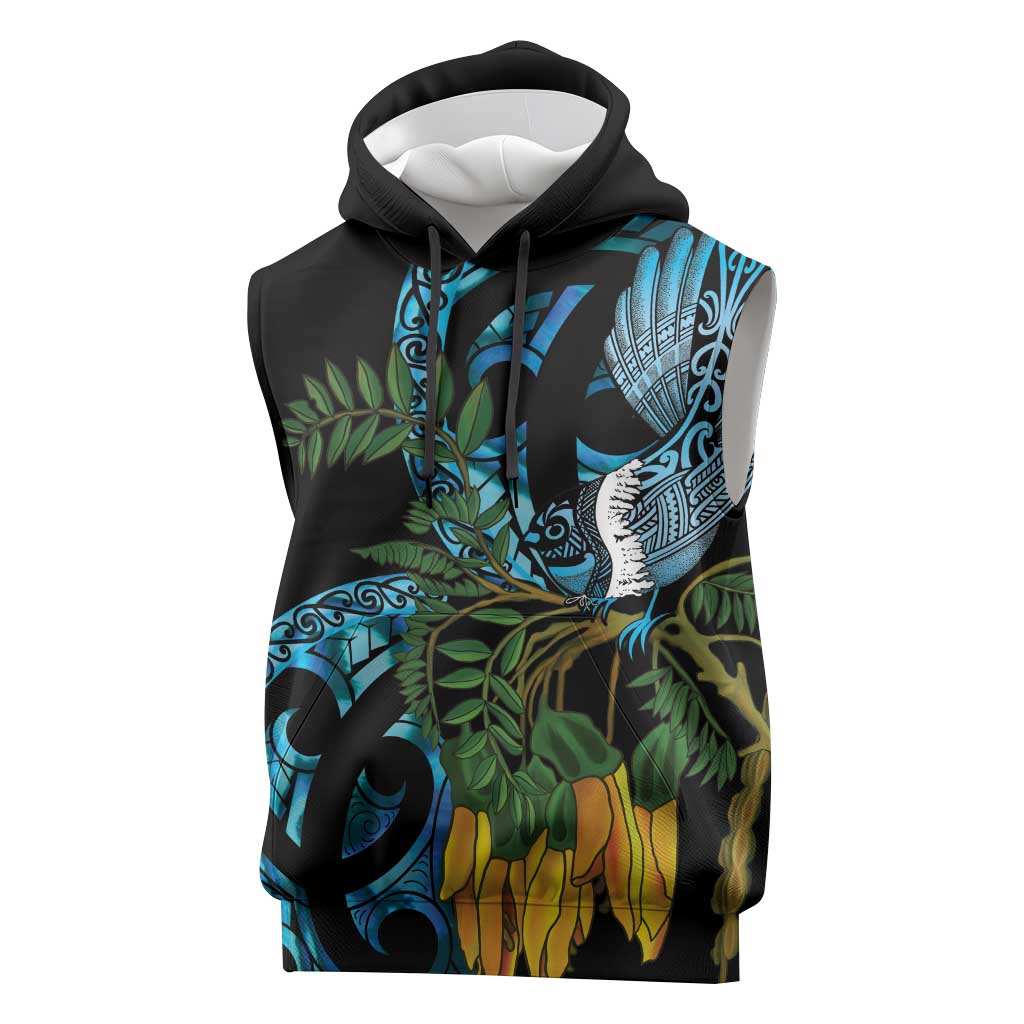 Turquoise New Zealand Kowhai And Piwakawaka Sleeveless Hoodie Maori Ngaru Paua Shell - Polynesian Pride