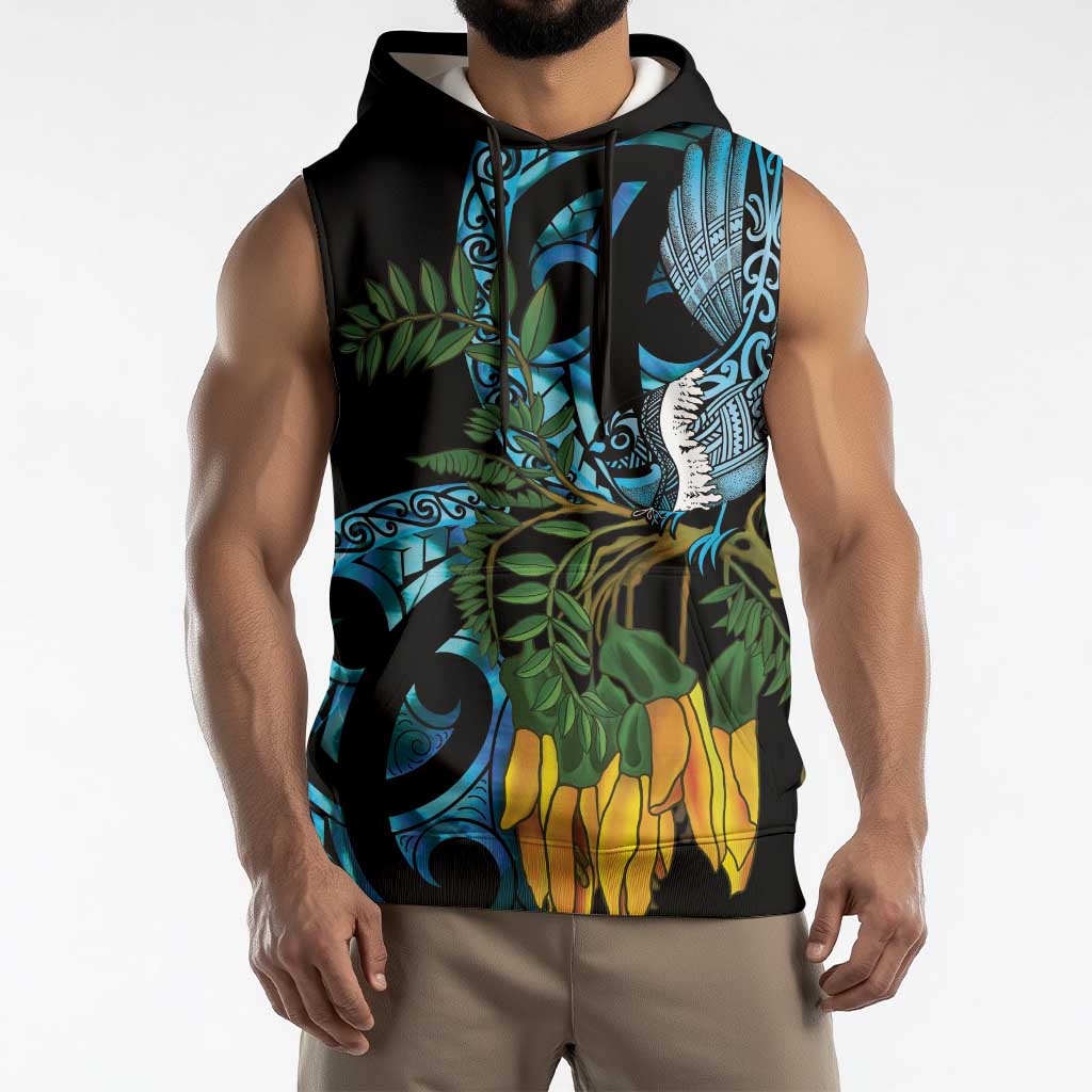 Turquoise New Zealand Kowhai And Piwakawaka Sleeveless Hoodie Maori Ngaru Paua Shell - Polynesian Pride