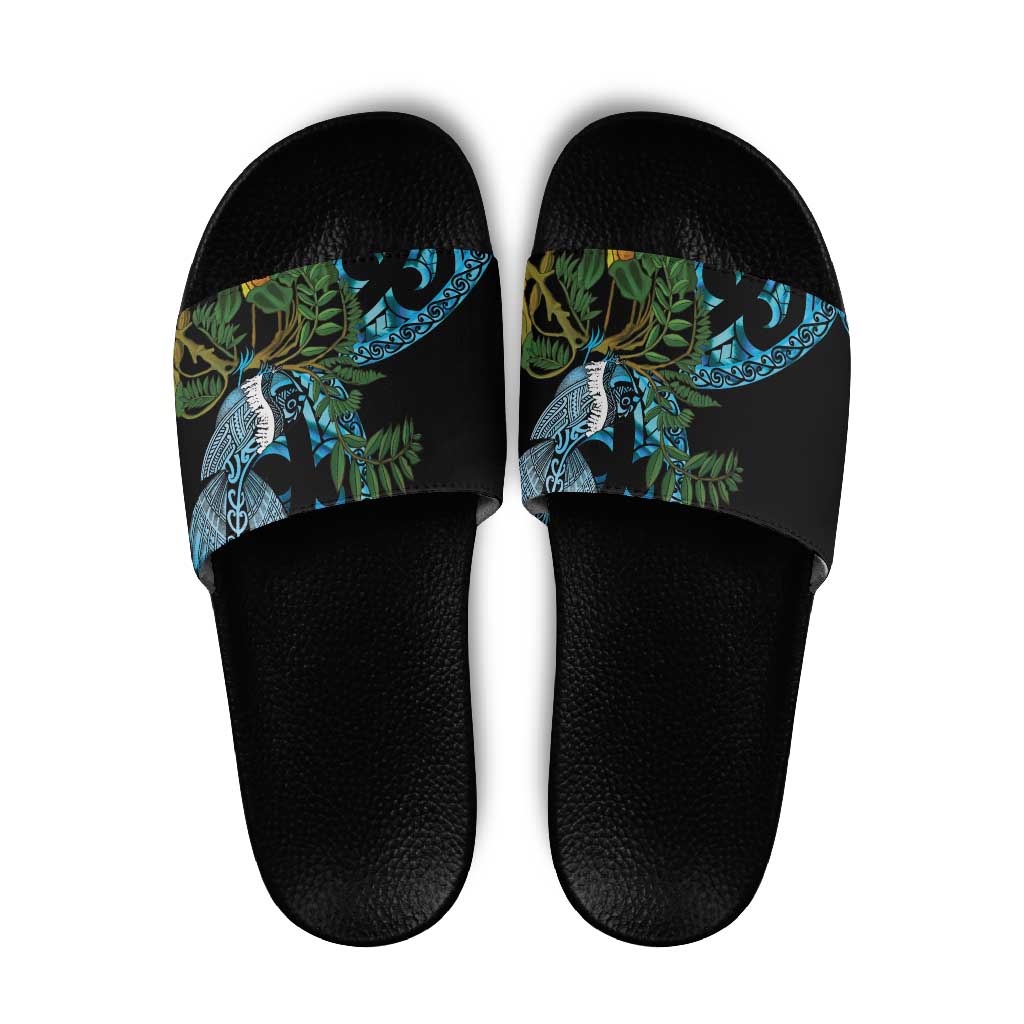 Turquoise New Zealand Kowhai And Piwakawaka Slide Sandals Maori Ngaru Paua Shell LT14 Turquoise - Polynesian Pride