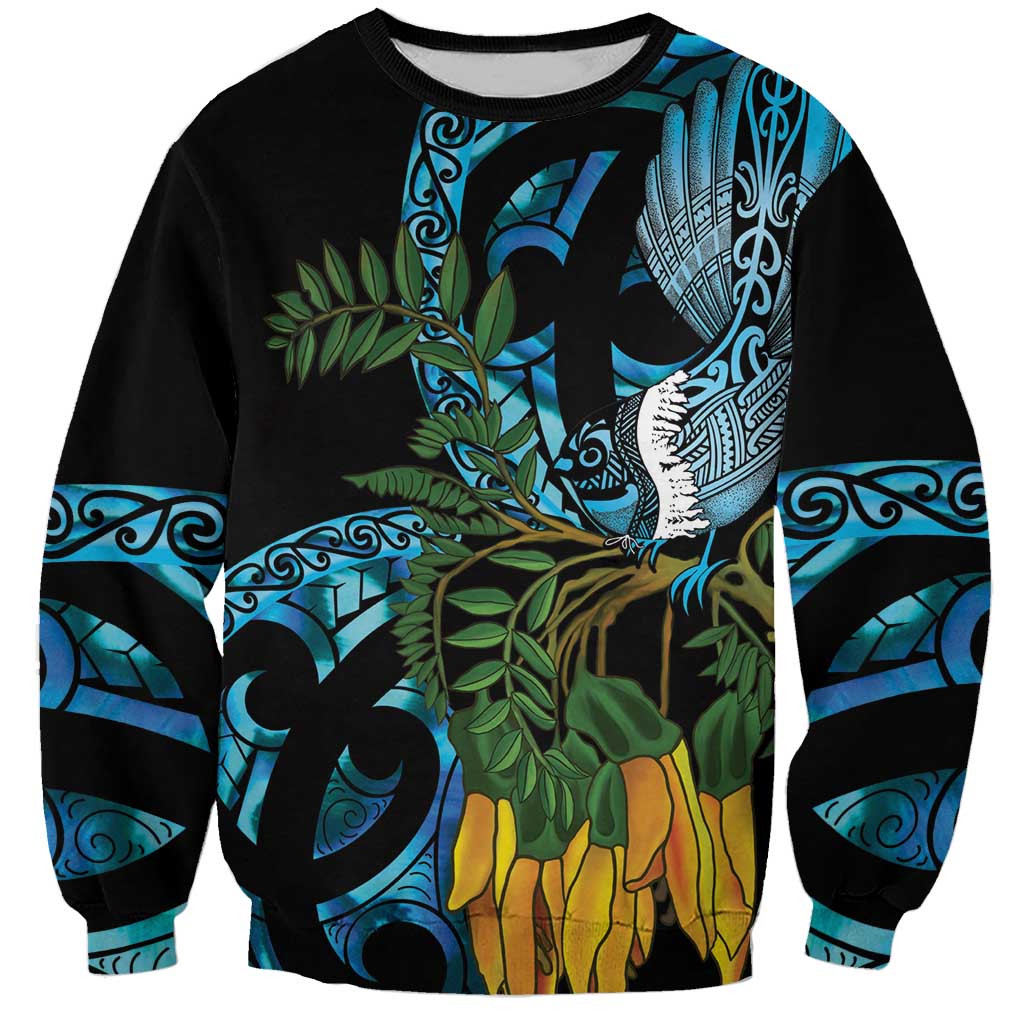 Turquoise New Zealand Kowhai And Piwakawaka Sweatshirt Maori Ngaru Paua Shell
