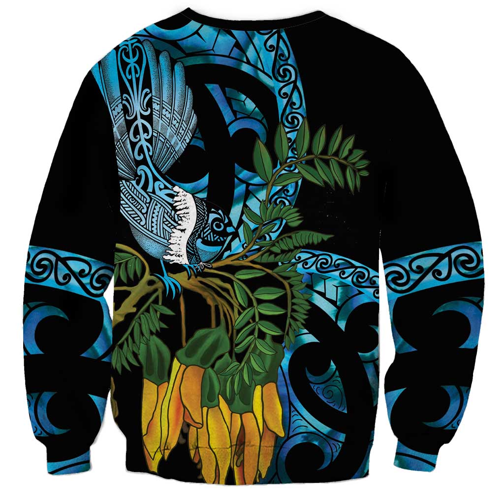 Turquoise New Zealand Kowhai And Piwakawaka Sweatshirt Maori Ngaru Paua Shell