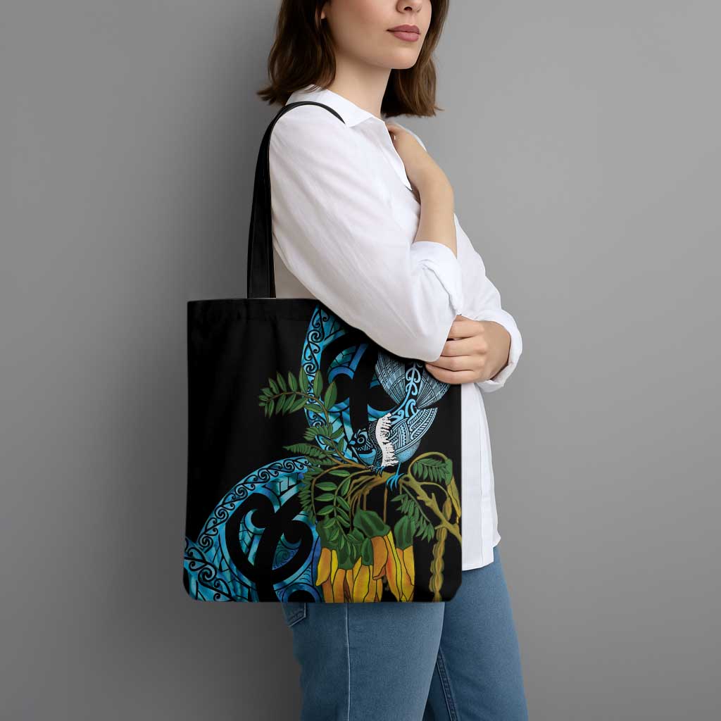 Turquoise New Zealand Kowhai And Piwakawaka Tote Bag Maori Ngaru Paua Shell - Polynesian Pride