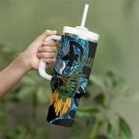 Turquoise New Zealand Kowhai And Piwakawaka Tumbler With Handle Maori Ngaru Paua Shell