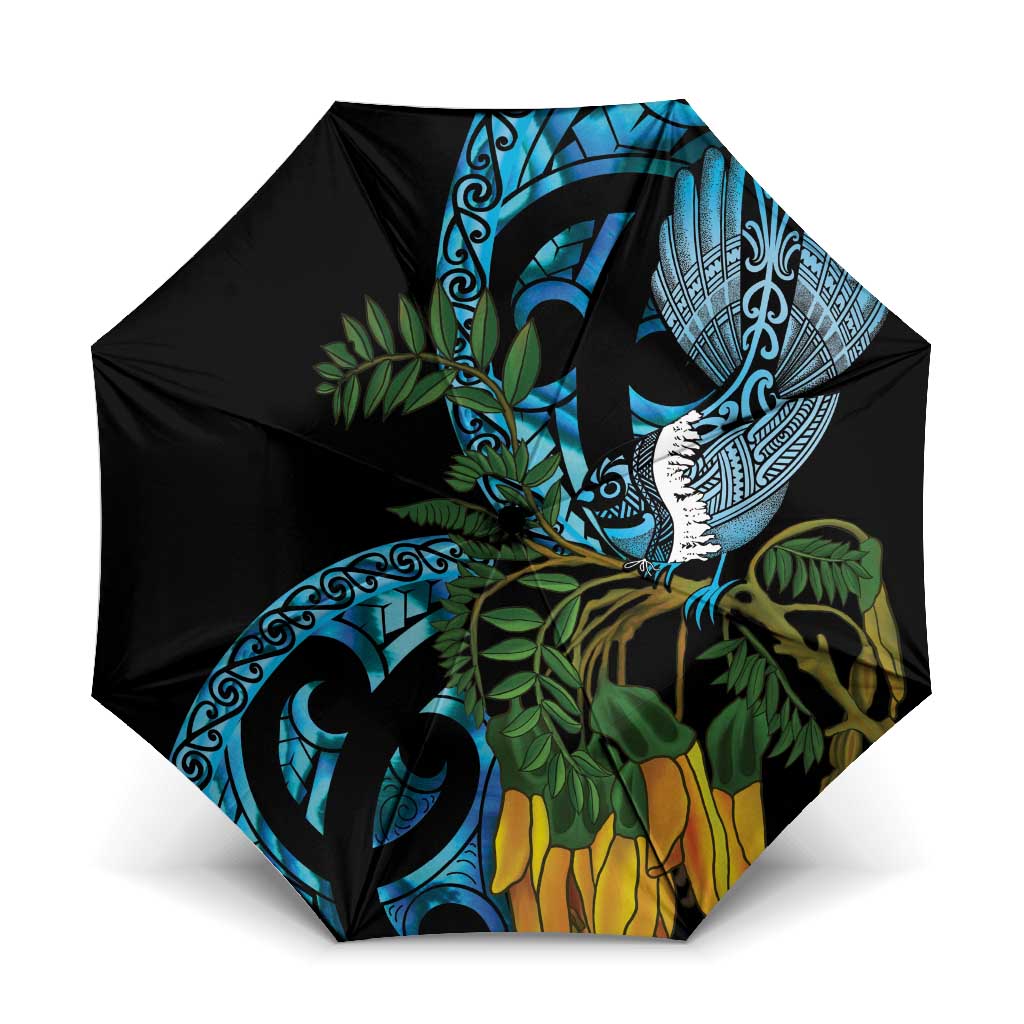 Turquoise New Zealand Kowhai And Piwakawaka Umbrella Maori Ngaru Paua Shell - Polynesian Pride