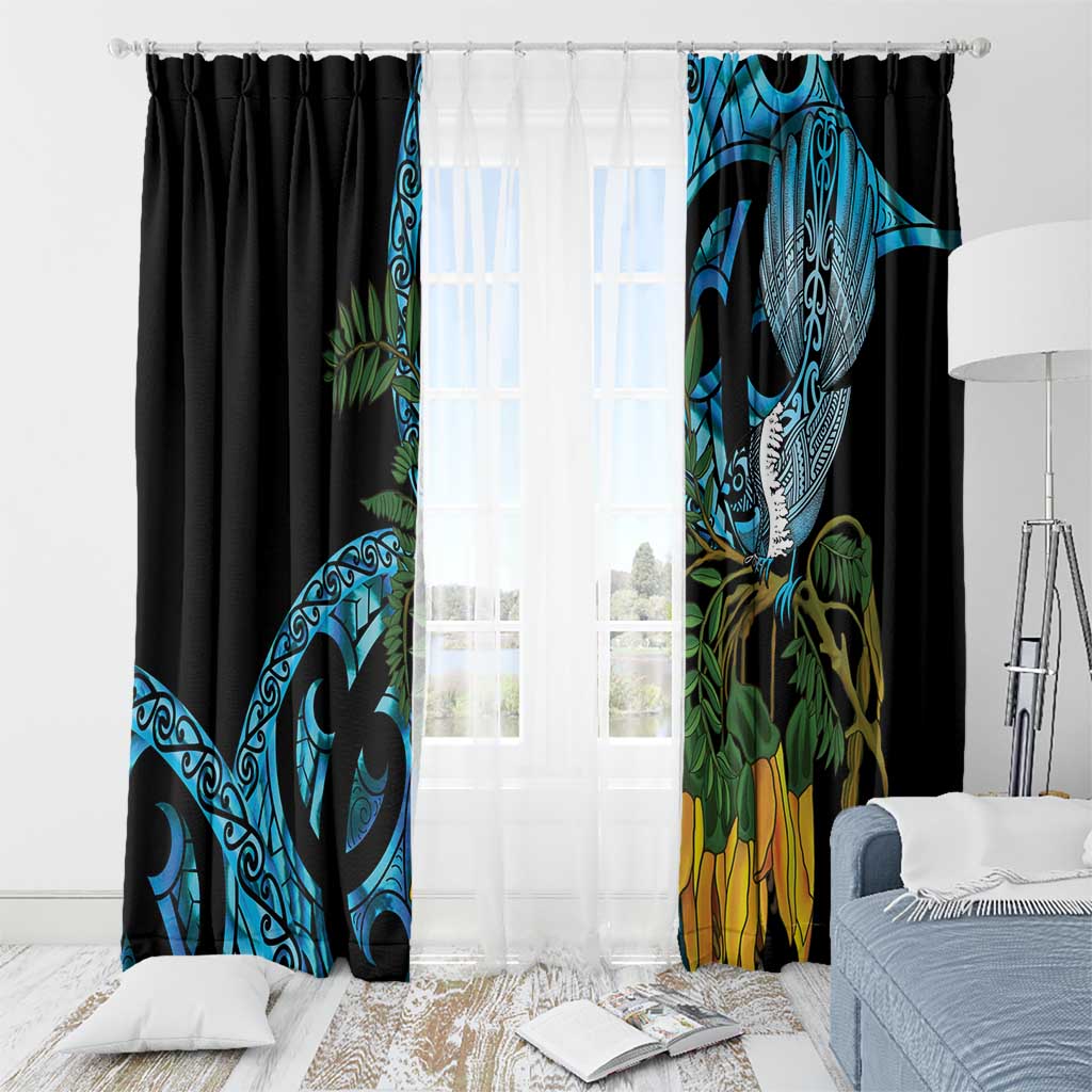Turquoise New Zealand Kowhai And Piwakawaka Window Curtain Maori Ngaru Paua Shell