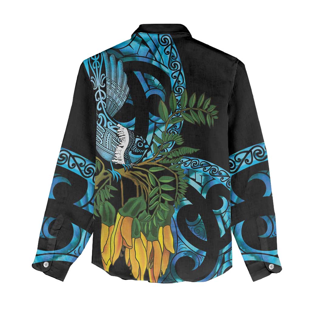 Turquoise New Zealand Kowhai And Piwakawaka Women Casual Shirt Maori Ngaru Paua Shell LT14 - Polynesian Pride