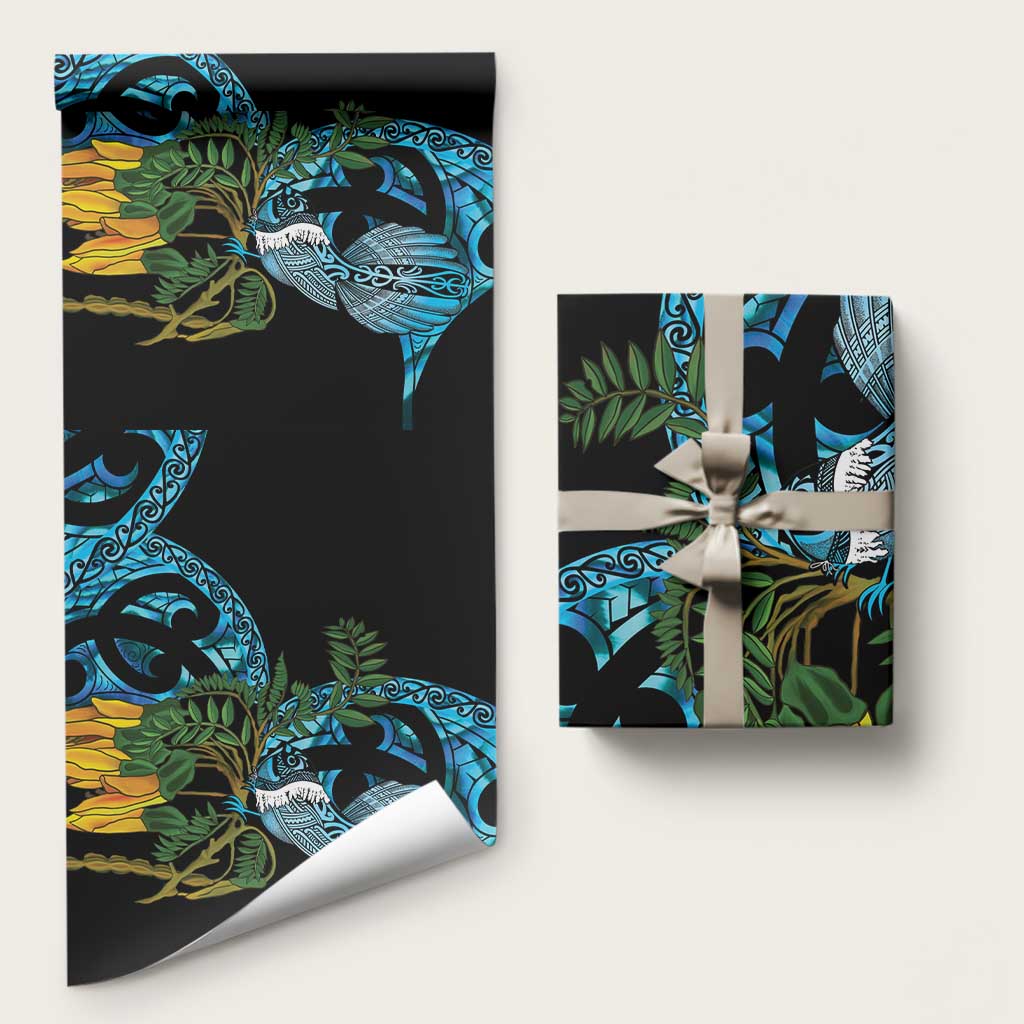 Turquoise New Zealand Kowhai And Piwakawaka Wrapping Paper Maori Ngaru Paua Shell - Polynesian Pride