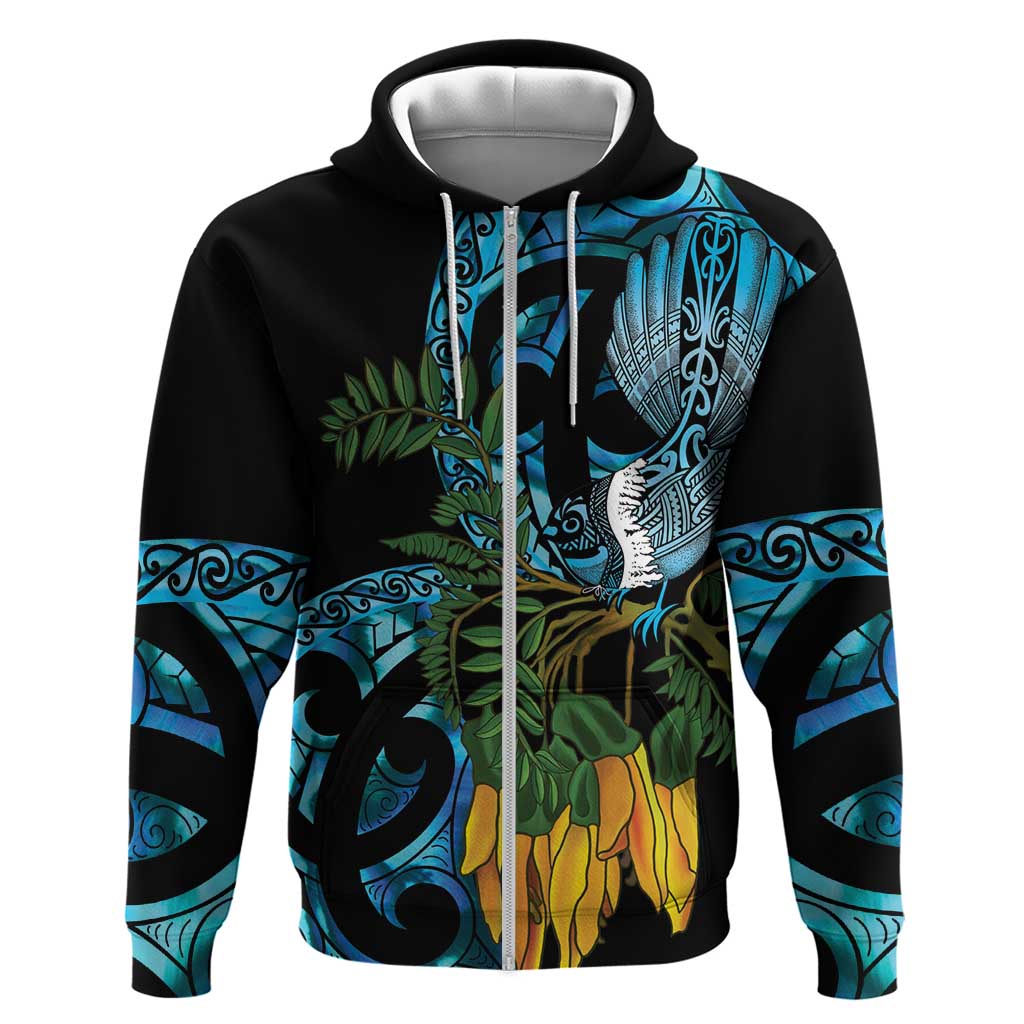 Turquoise New Zealand Kowhai And Piwakawaka Zip Hoodie Maori Ngaru Paua Shell