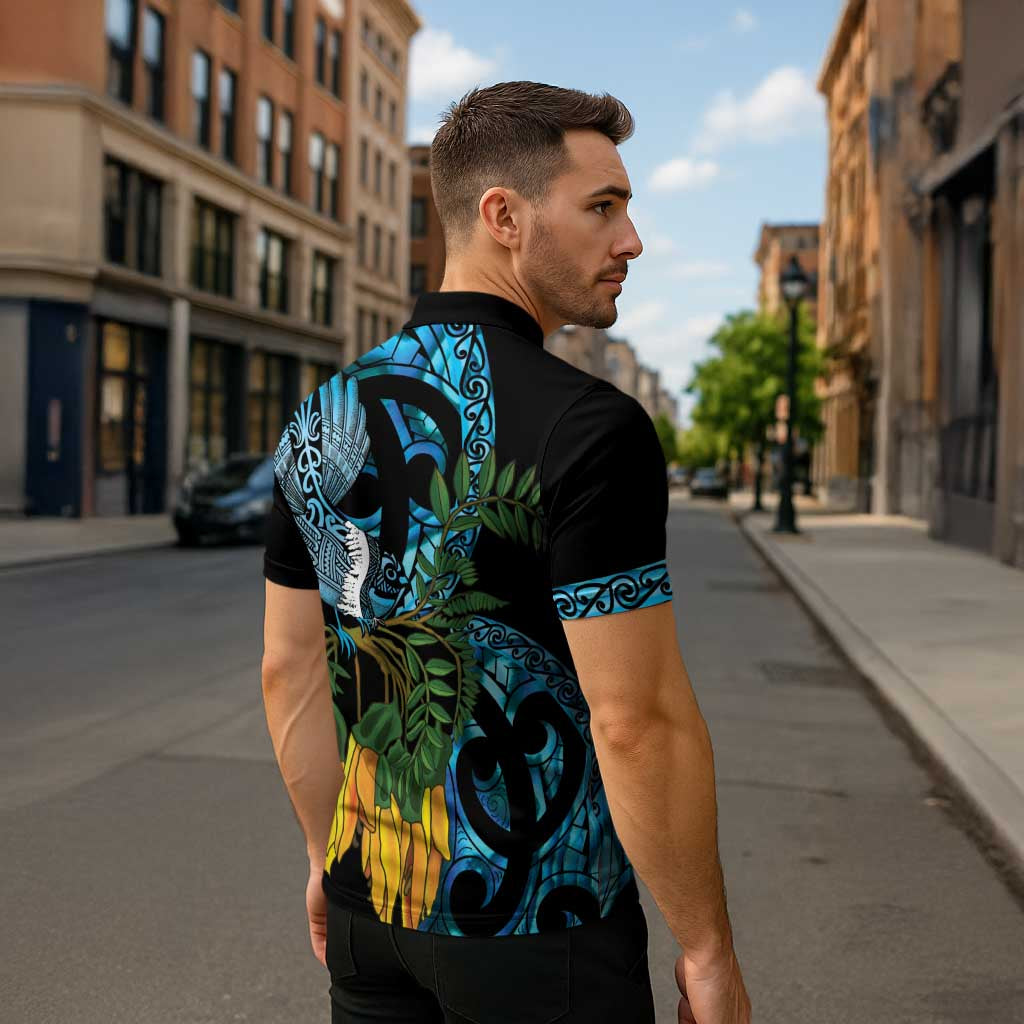 Turquoise New Zealand Kowhai And Piwakawaka Zipper Polo Shirt Maori Ngaru Paua Shell - Polynesian Pride
