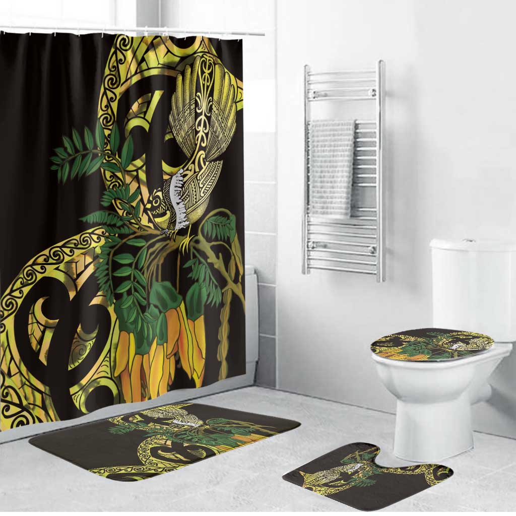 Yellow New Zealand Kowhai And Piwakawaka Bathroom Set Maori Ngaru Paua Shell - Polynesian Pride