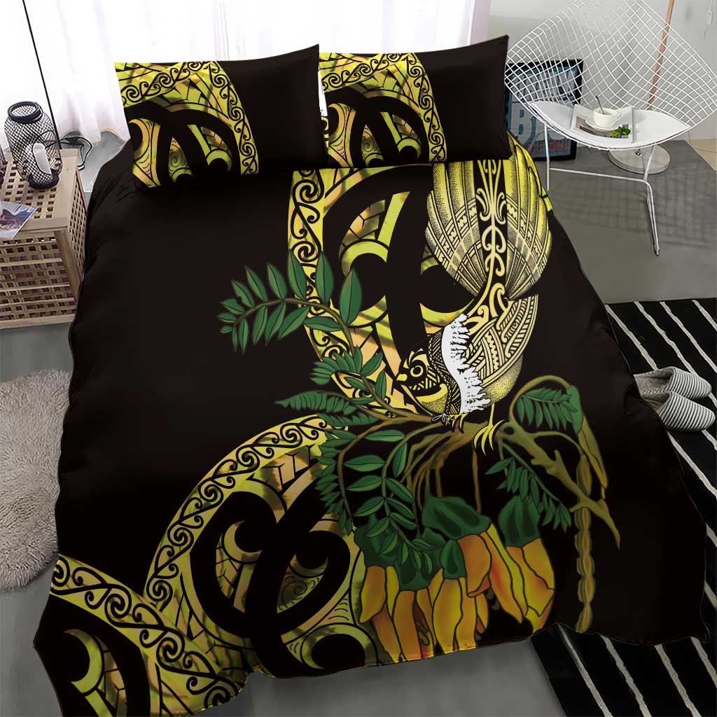 Yellow New Zealand Kowhai And Piwakawaka Bedding Set Maori Ngaru Paua Shell
