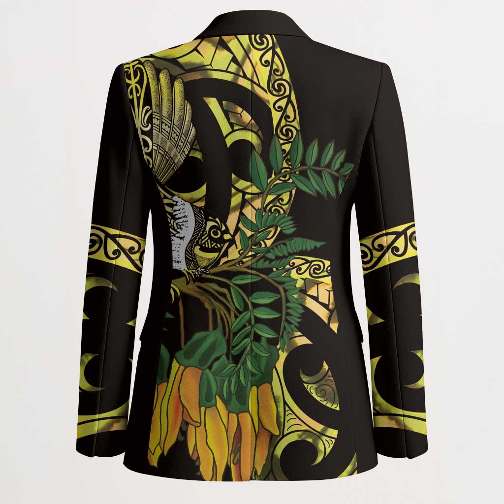 Yellow New Zealand Kowhai And Piwakawaka Blazer Maori Ngaru Paua Shell LT14 - Polynesian Pride