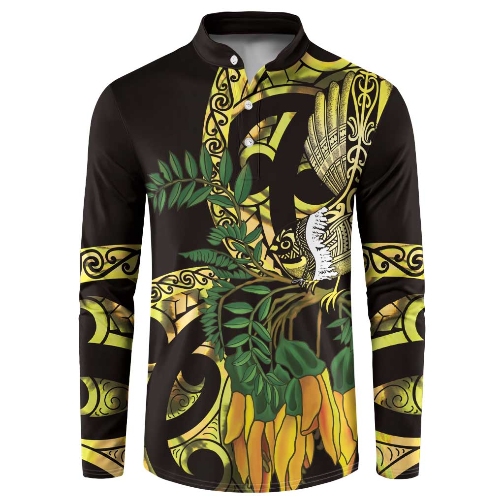 Yellow New Zealand Kowhai And Piwakawaka Button Sweatshirt Maori Ngaru Paua Shell