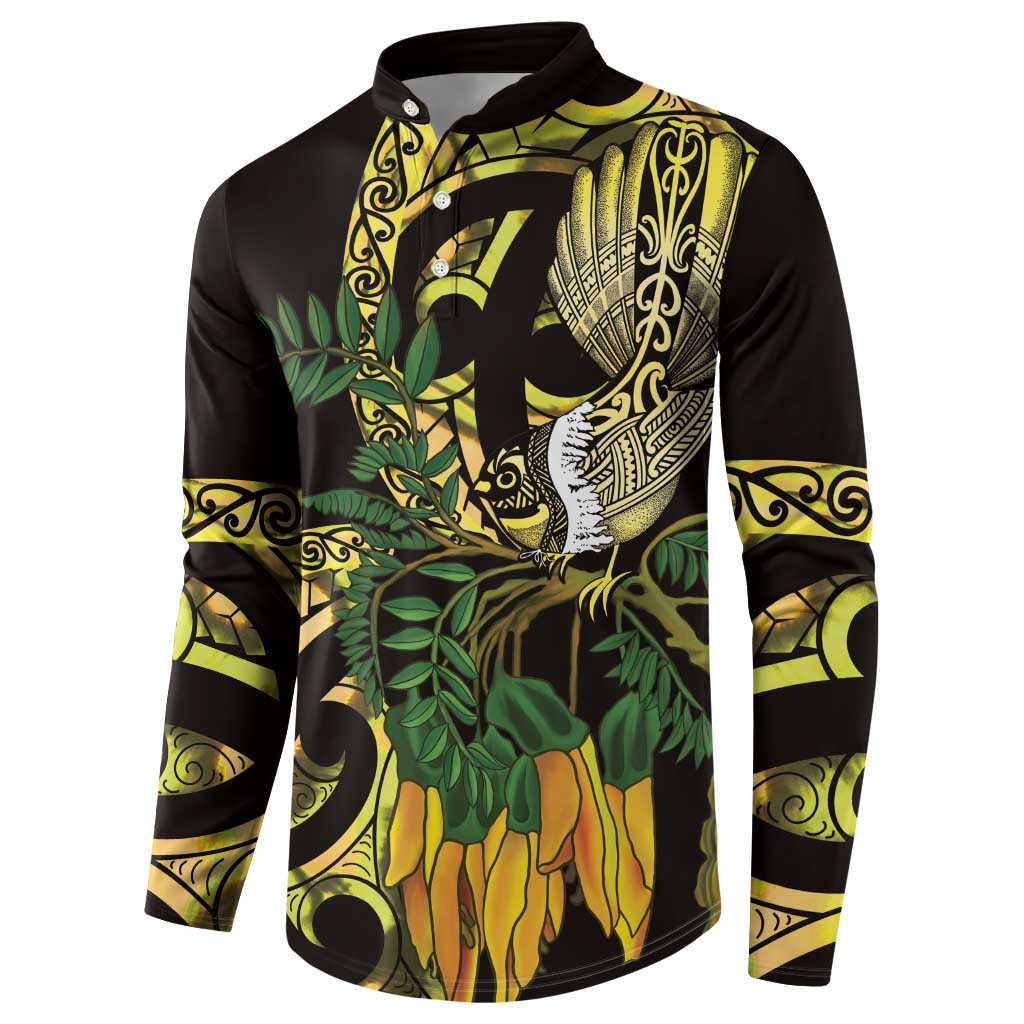 Yellow New Zealand Kowhai And Piwakawaka Button Sweatshirt Maori Ngaru Paua Shell