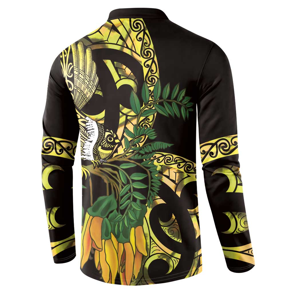 Yellow New Zealand Kowhai And Piwakawaka Button Sweatshirt Maori Ngaru Paua Shell