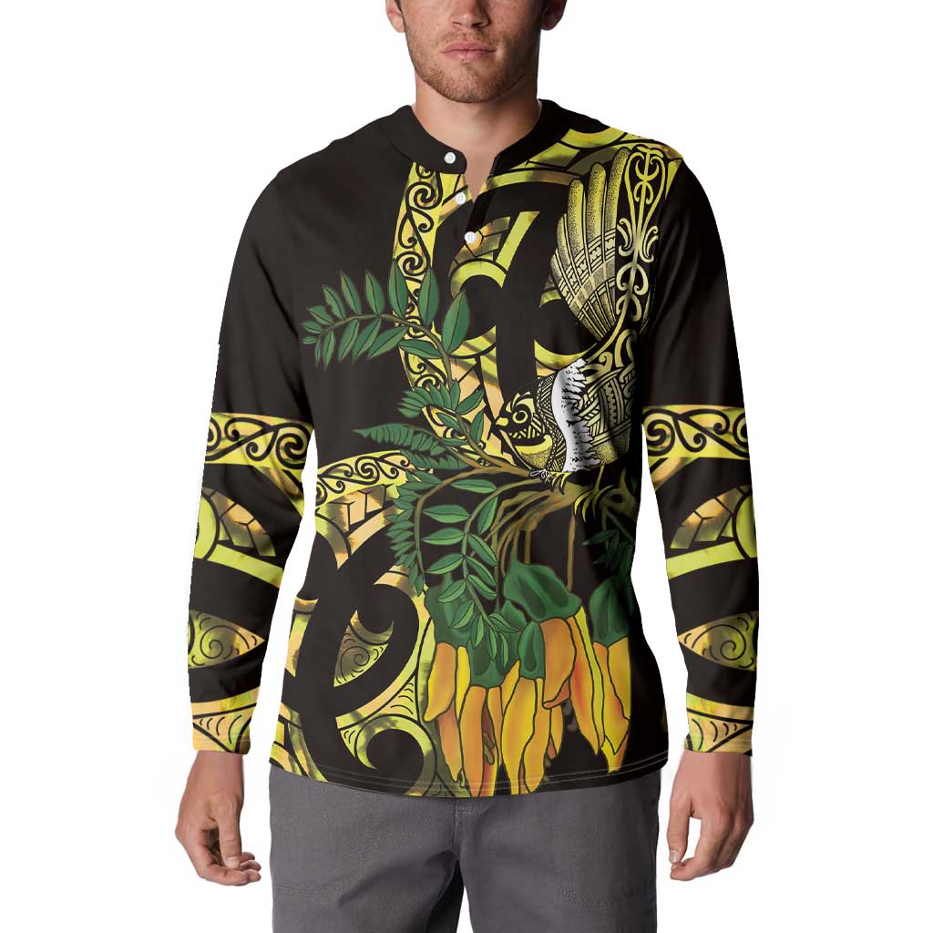 Yellow New Zealand Kowhai And Piwakawaka Button Sweatshirt Maori Ngaru Paua Shell