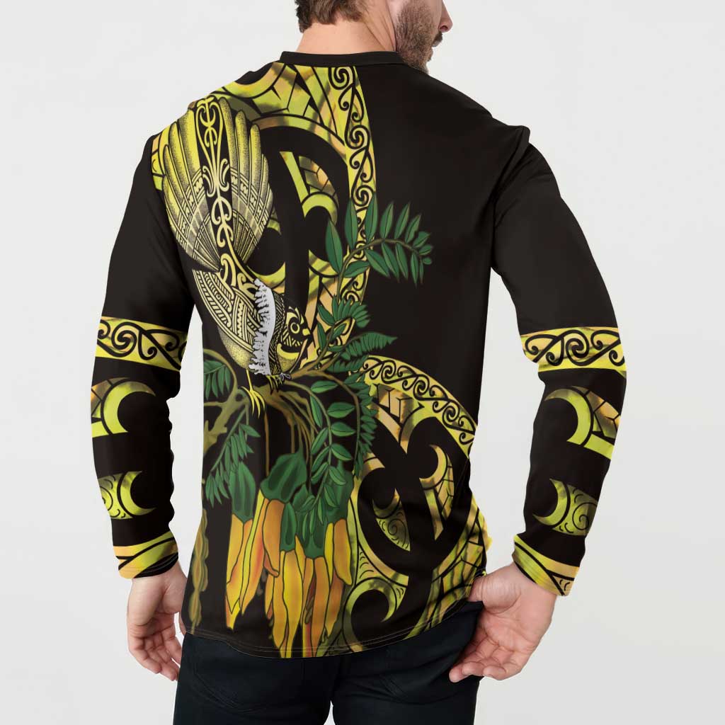 Yellow New Zealand Kowhai And Piwakawaka Button Sweatshirt Maori Ngaru Paua Shell