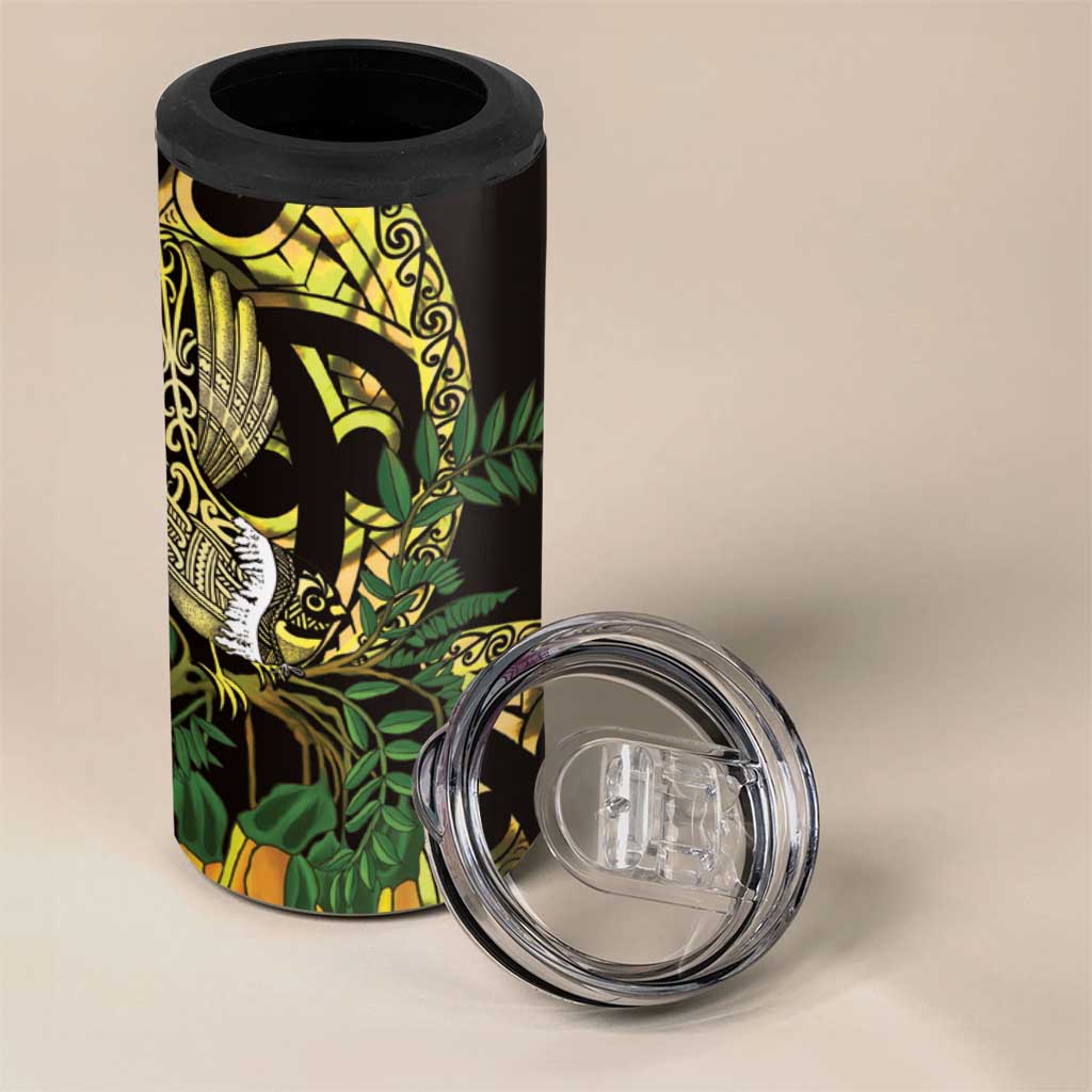 Yellow New Zealand Kowhai And Piwakawaka 4 in 1 Can Cooler Tumbler Maori Ngaru Paua Shell LT14 - Polynesian Pride