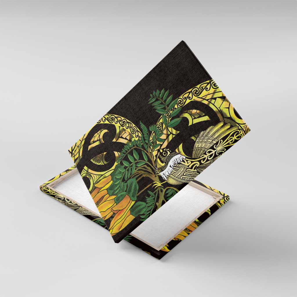 Yellow New Zealand Kowhai And Piwakawaka Canvas Wall Art Maori Ngaru Paua Shell