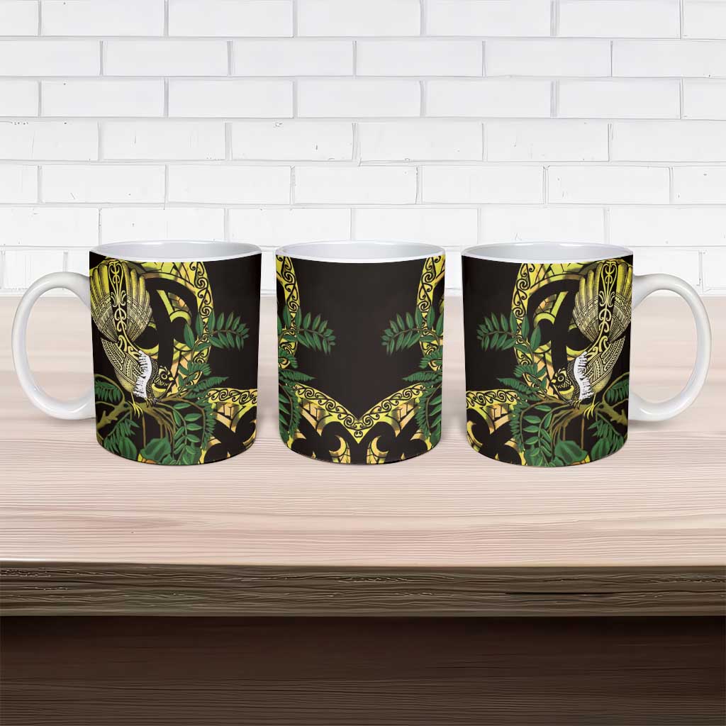 Yellow New Zealand Kowhai And Piwakawaka Ceramic Mug Maori Ngaru Paua Shell - Polynesian Pride