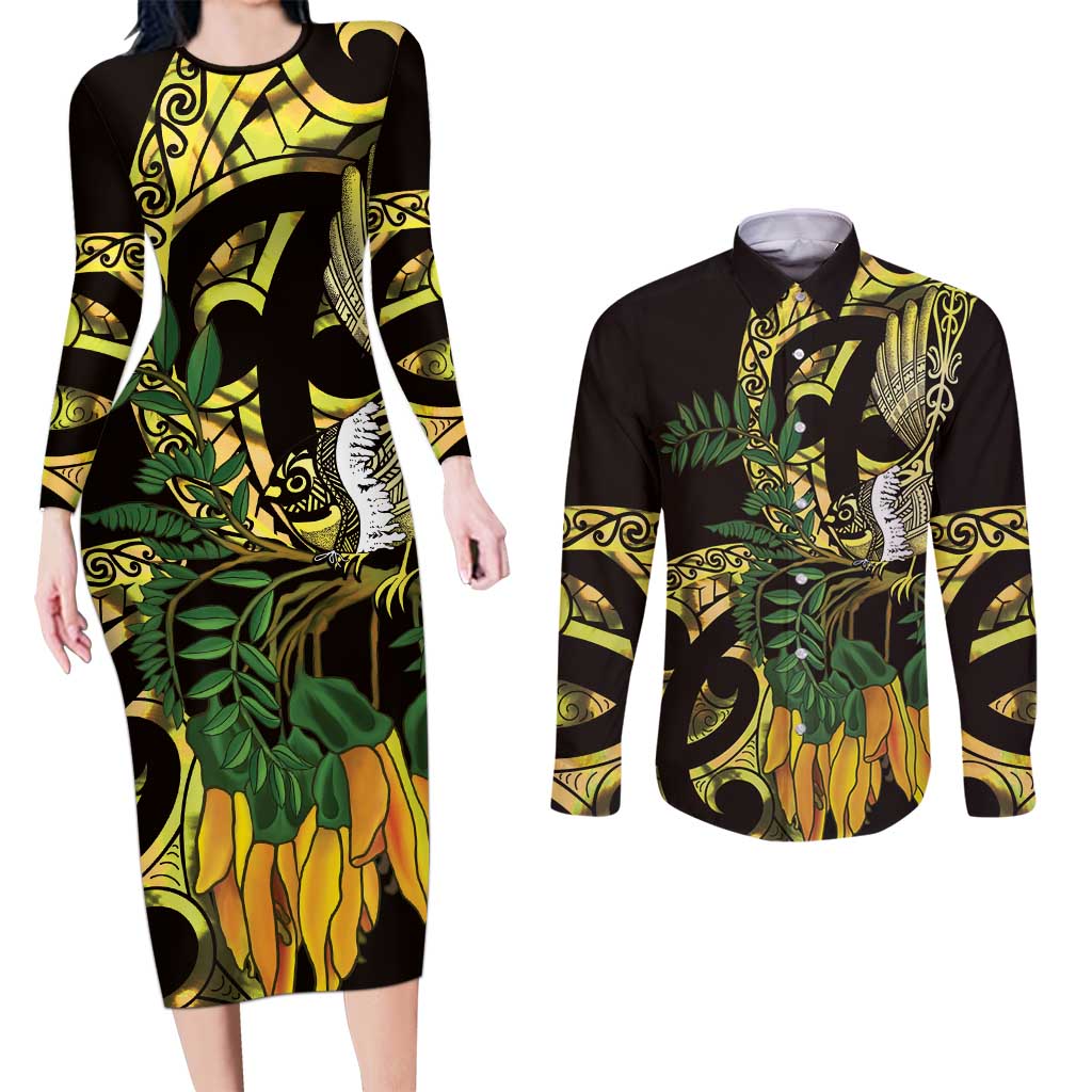 Yellow New Zealand Kowhai And Piwakawaka Couples Matching Long Sleeve Bodycon Dress and Long Sleeve Button Shirt Maori Ngaru Paua Shell