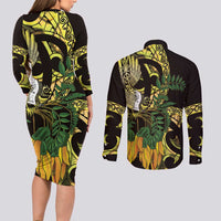 Yellow New Zealand Kowhai And Piwakawaka Couples Matching Long Sleeve Bodycon Dress and Long Sleeve Button Shirt Maori Ngaru Paua Shell