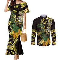 Yellow New Zealand Kowhai And Piwakawaka Couples Matching Mermaid Dress and Long Sleeve Button Shirt Maori Ngaru Paua Shell