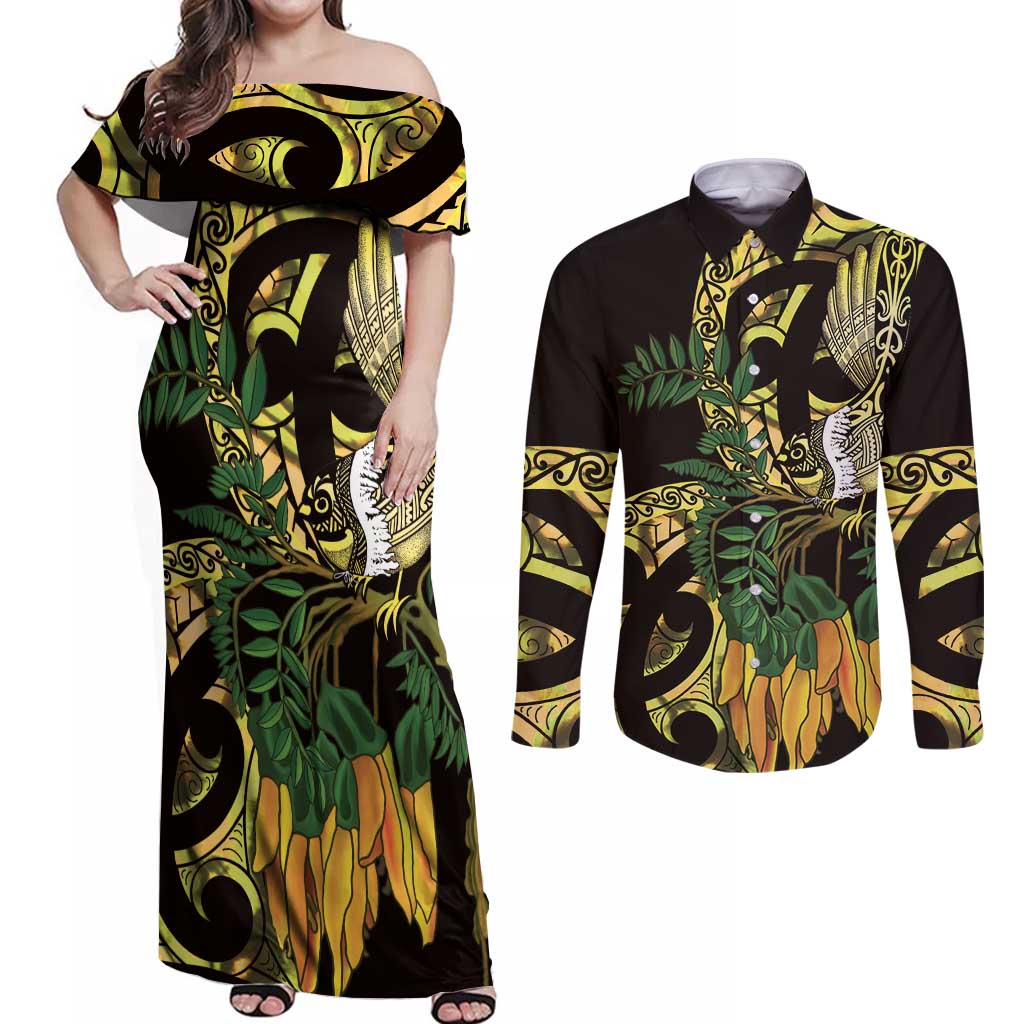 Yellow New Zealand Kowhai And Piwakawaka Couples Matching Off Shoulder Maxi Dress and Long Sleeve Button Shirt Maori Ngaru Paua Shell