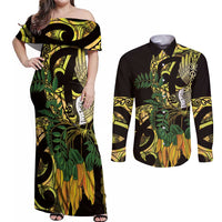Yellow New Zealand Kowhai And Piwakawaka Couples Matching Off Shoulder Maxi Dress and Long Sleeve Button Shirt Maori Ngaru Paua Shell