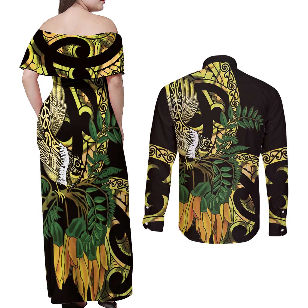 Yellow New Zealand Kowhai And Piwakawaka Couples Matching Off Shoulder Maxi Dress and Long Sleeve Button Shirt Maori Ngaru Paua Shell