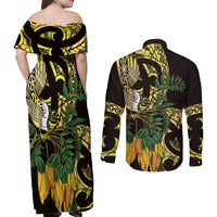 Yellow New Zealand Kowhai And Piwakawaka Couples Matching Off Shoulder Maxi Dress and Long Sleeve Button Shirt Maori Ngaru Paua Shell