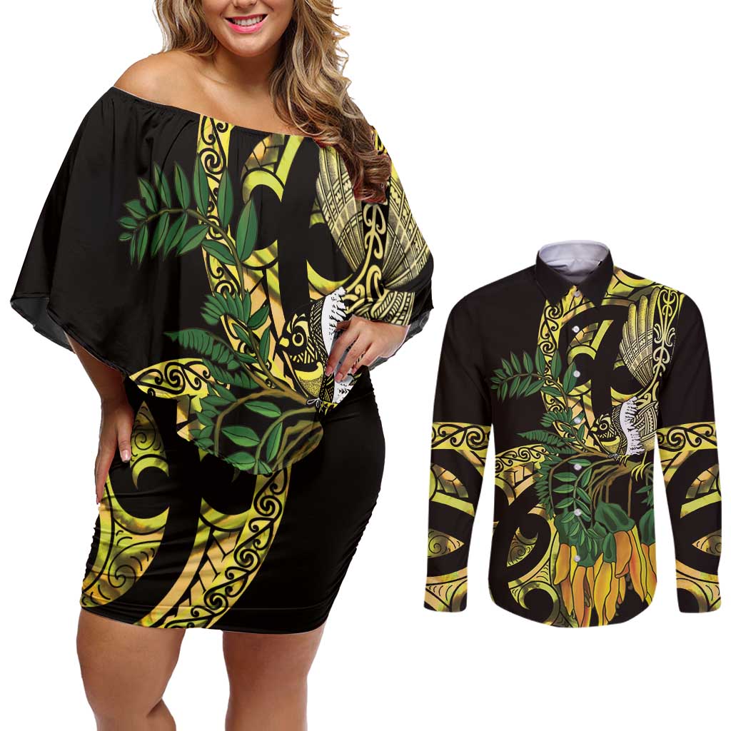 Yellow New Zealand Kowhai And Piwakawaka Couples Matching Off Shoulder Short Dress and Long Sleeve Button Shirt Maori Ngaru Paua Shell