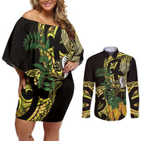 Yellow New Zealand Kowhai And Piwakawaka Couples Matching Off Shoulder Short Dress and Long Sleeve Button Shirt Maori Ngaru Paua Shell