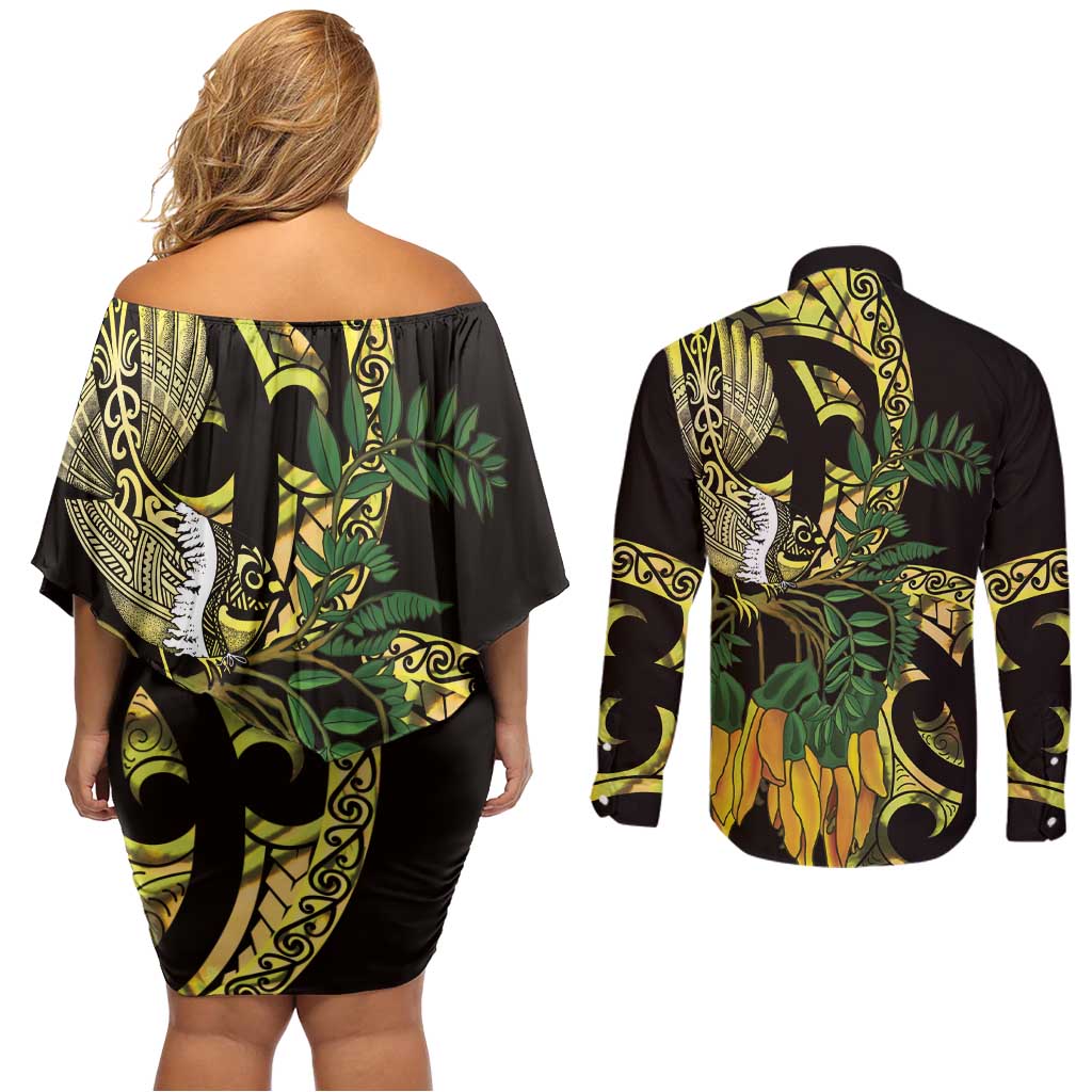Yellow New Zealand Kowhai And Piwakawaka Couples Matching Off Shoulder Short Dress and Long Sleeve Button Shirt Maori Ngaru Paua Shell