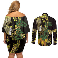 Yellow New Zealand Kowhai And Piwakawaka Couples Matching Off Shoulder Short Dress and Long Sleeve Button Shirt Maori Ngaru Paua Shell