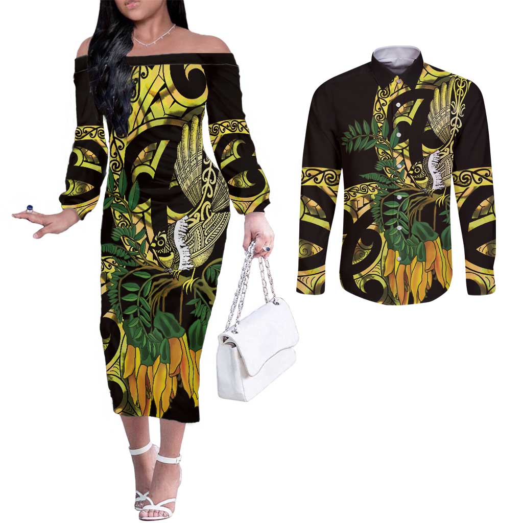 Yellow New Zealand Kowhai And Piwakawaka Couples Matching Off The Shoulder Long Sleeve Dress and Long Sleeve Button Shirt Maori Ngaru Paua Shell